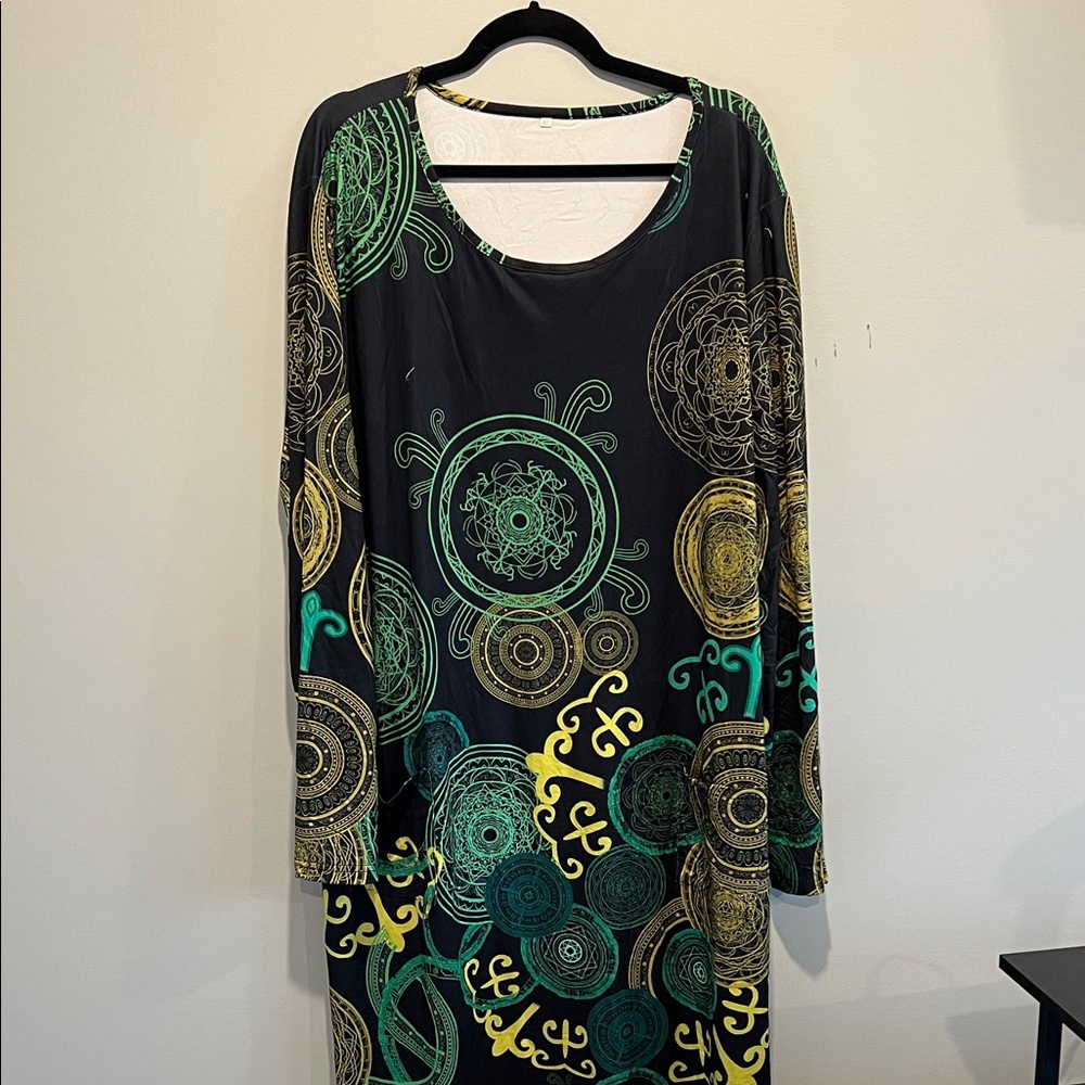 Black Long Sleeve Printed Midi Dress with Green & Gold Motif